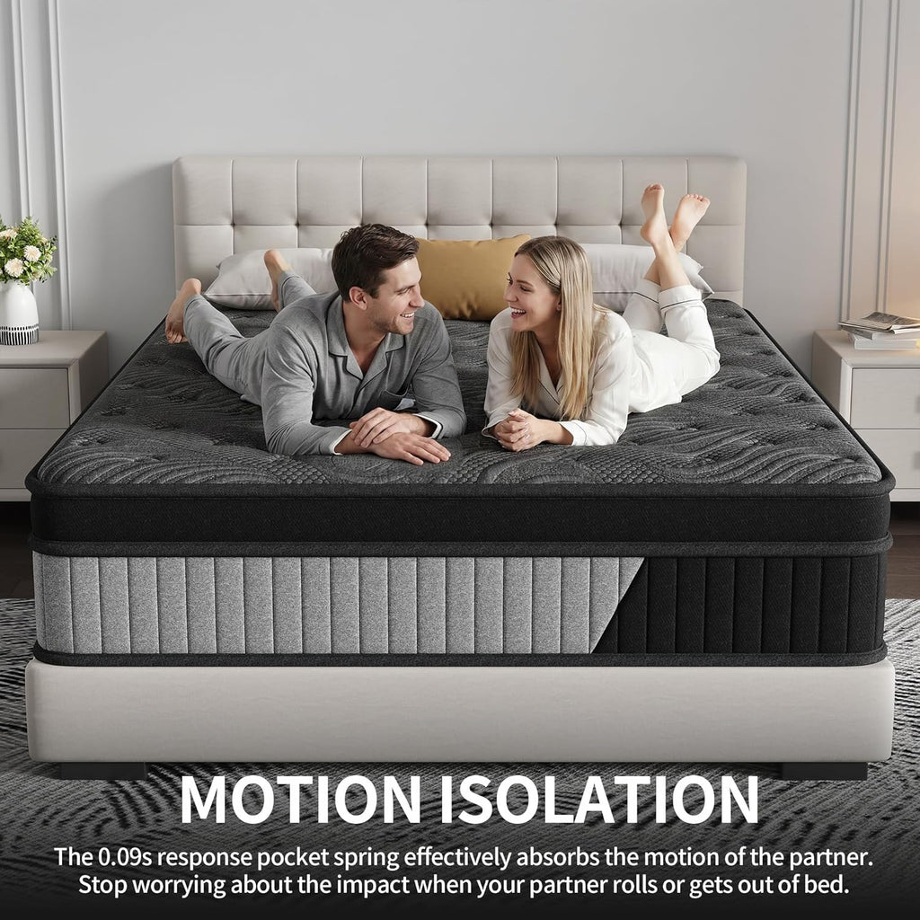 Queen Size 14 Inch Hybrid Mattress in a Box, Medium Firm Black and Gray Fabric Cover with Pocket Spring and Memory Foam - Breathable Supportive Cool Sleep for Back Side Stomach Sleepers