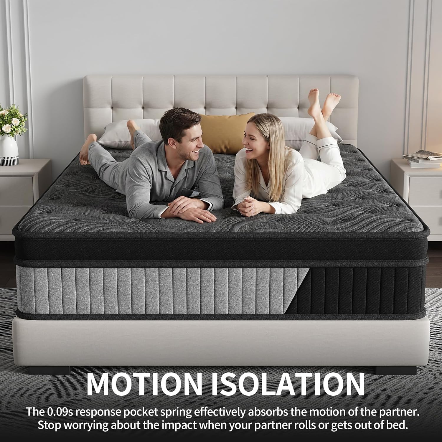 Queen Size 14 Inch Hybrid Mattress in a Box, Medium Firm Black and Gray Fabric Cover with Pocket Spring and Memory Foam - Breathable Supportive Cool Sleep for Back Side Stomach Sleepers