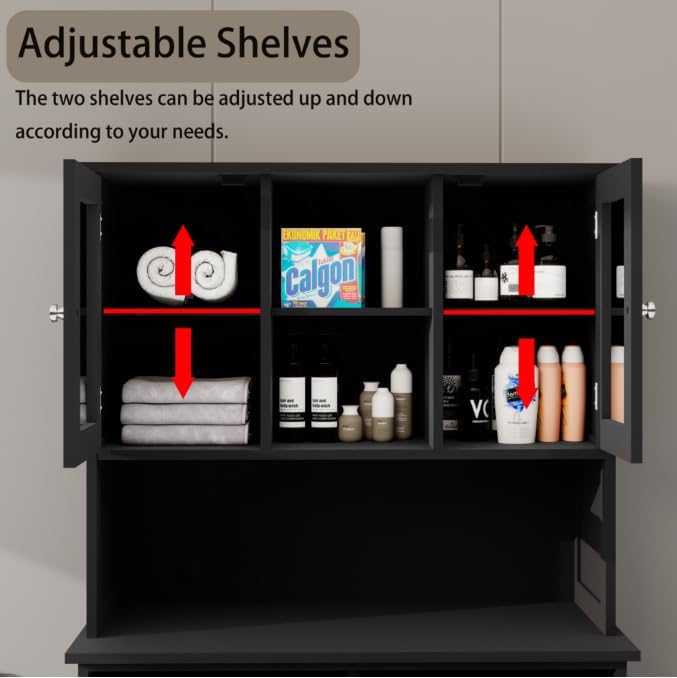 Laundry Hampers 2-Compartment Tilt-Out Laundry Basket Cabinet – Tall Bathroom & Laundry Storage w/ 2 Adjustable Shelves, Space-Saving Durable MDF Organizer for Home, Apartment (Black)
