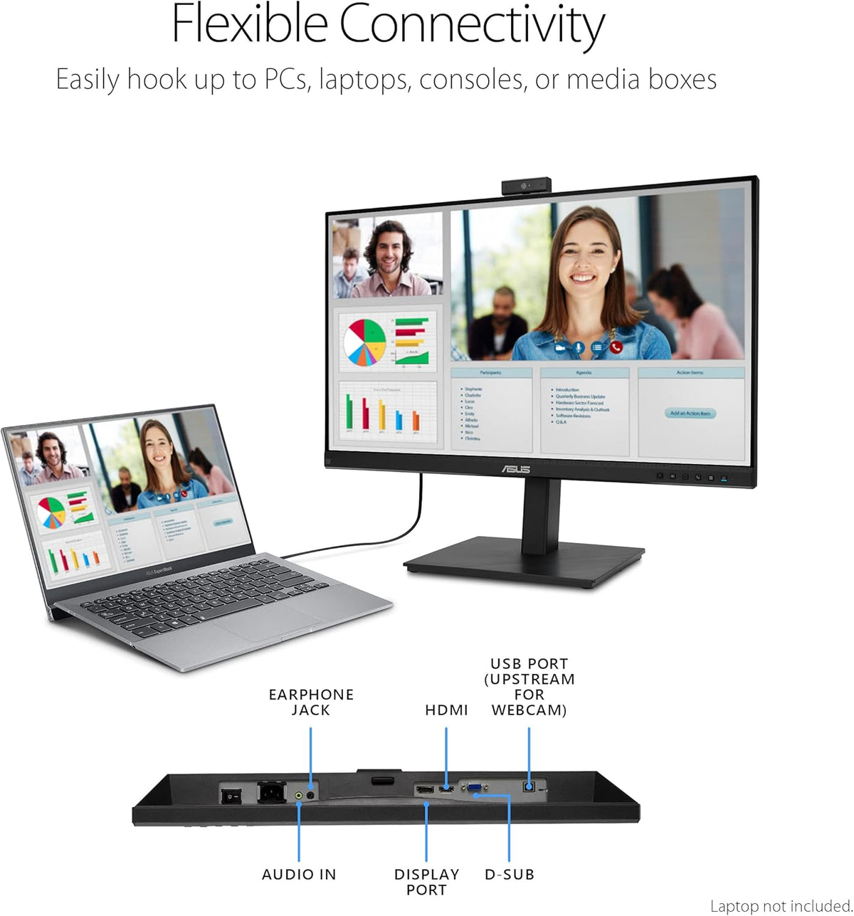 ASUS 27” 1080P Video Conference Monitor (BE279QSK) - Full HD, IPS, Built-in Adjustable 2MP Webcam, Mic Array, Speakers, Eye Care, Wall Mountable, Frameless, HDMI, DisplayPort, VGA, Height Adjustable