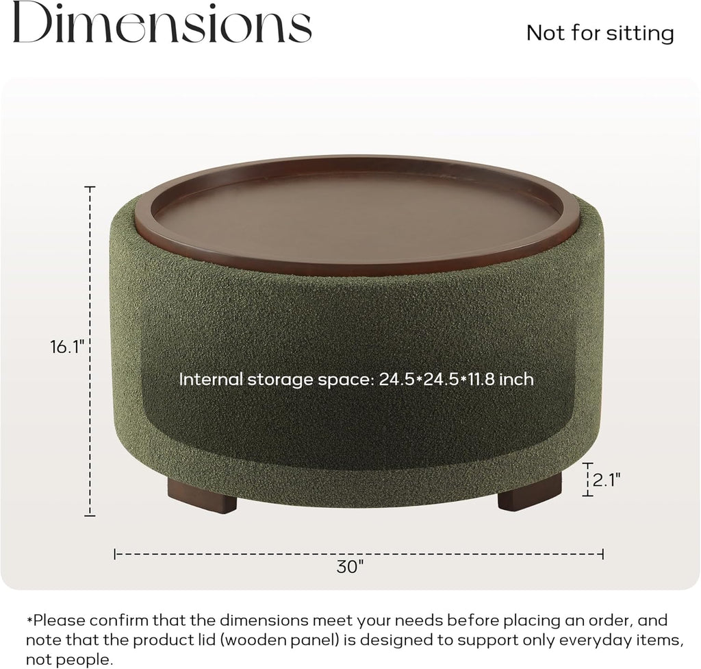Zihanhome 30 Inch Round Storage Ottoman Coffee Table, Modern Boucle Ottoman with Lift-Off Lid and Solid Wood Legs for Living Room, Bedroom, Corners, Apartments (Green)