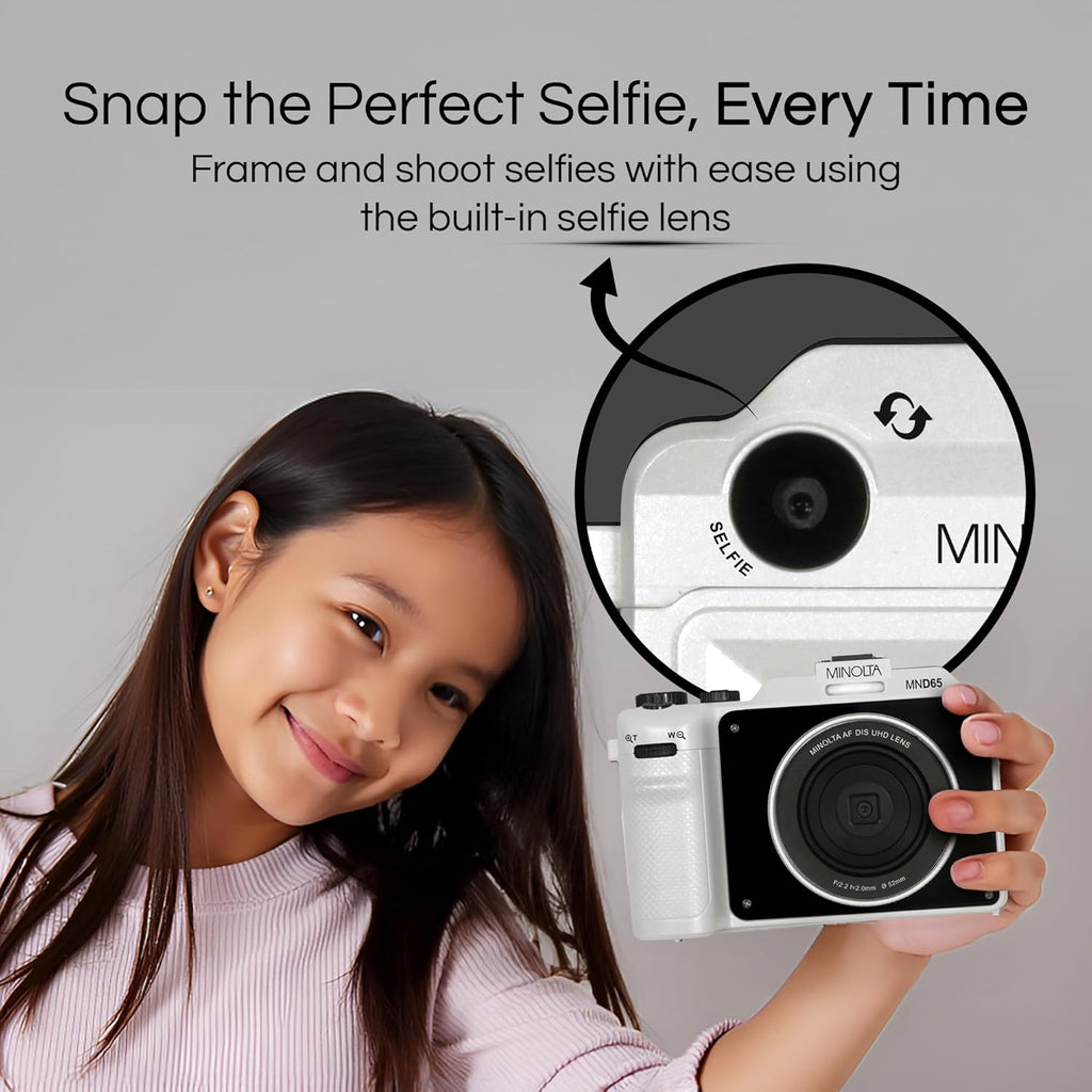 Minolta Digital Camera – 56MP Photos, 4K 60FPS Video, Dual-Lens Selfie Design, 18X Zoom, Wi-Fi, RAW/JPEG Capture, 3” LCD, Compact Travel Camera (Gray)