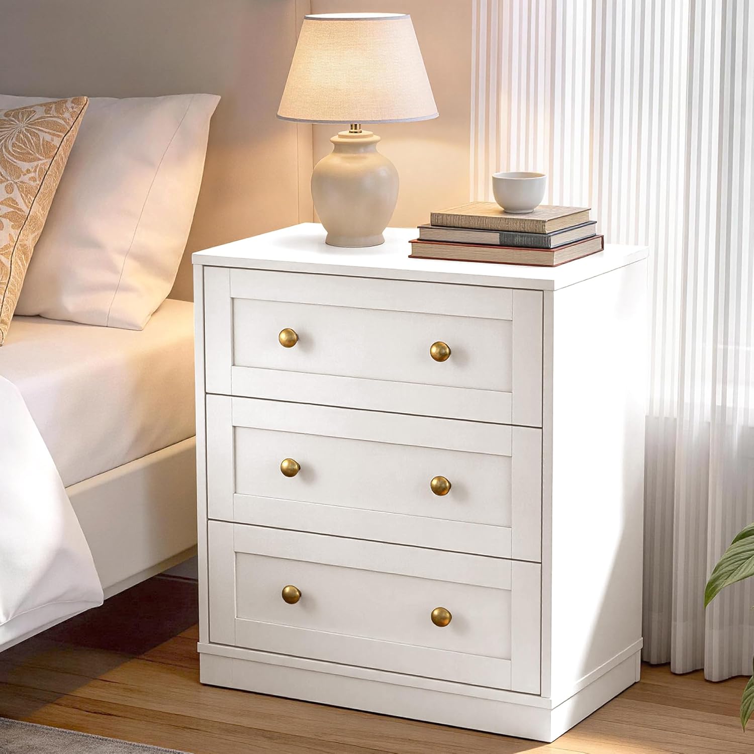 RoyalCraft White Nightstand with 3 Drawers Storage, Large Wood Night Stand for Bedroom, Modern Bedside Table, End Table for Hallway, Closet