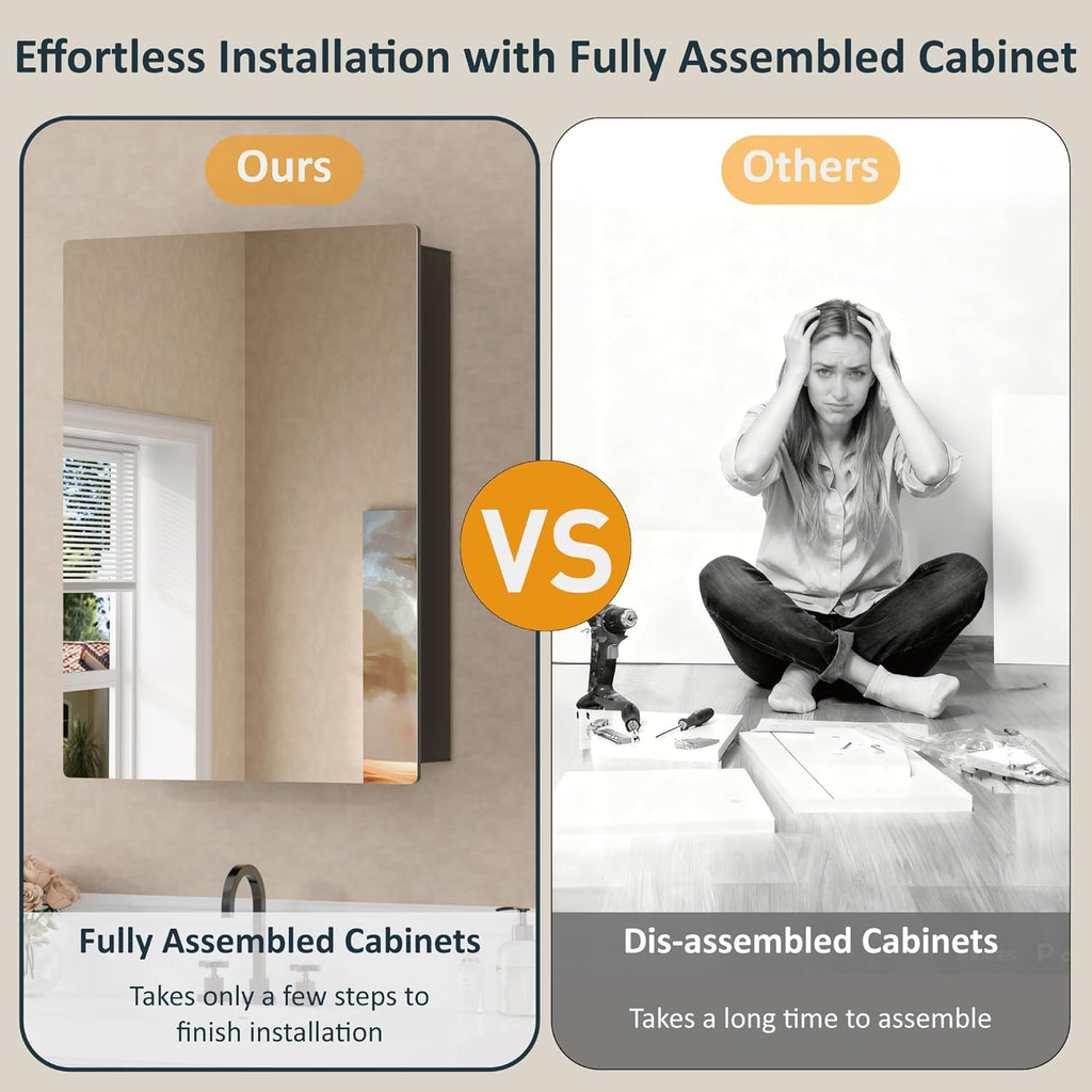 14”x24” Wall Mounted Medicine Cabinet with Mirror, 13.1” x 21.1” Recessed Bathroom Cabinets for Storage, Adjustable Tempered Glass Shelves, Soft-close DTC Hinges, HD Reflection, Pre-assembled, Black
