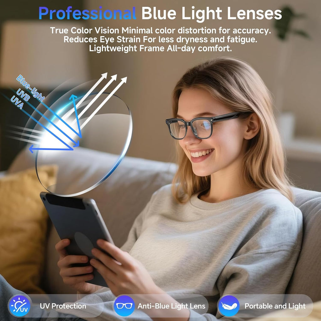 AI Smart Glasses with Camera Bluetooth, 800W HD Anti-Shake 1080P Video Audio Recording Glasses, Real-Time AI Translation GPT Assistant, Blue Light, Smart Glasses for Men Women Vlogging & Conference