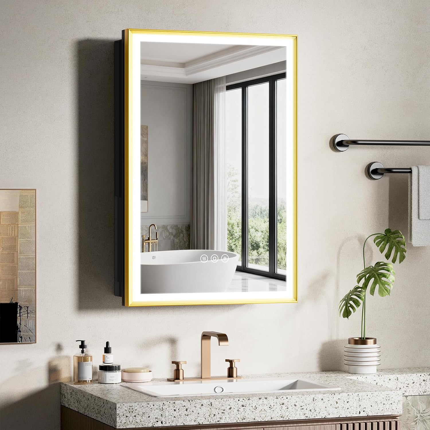 16X24 Inches Framed Medicine Cabinet with Lights, Bathroom Medicine Cabinet with 3-Color/Dimmable, Anti-Fog, Plug-in & Hardwired, Surface Mount & Recessed
