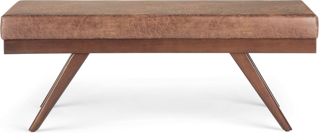 SIMPLIHOME Chanelle Ottoman Bench - 48 inch Wide Upholstered Vegan Leather Rectangle Ottoman in Distressed Umber Brown, Mid Century Modern Bench for Bedroom with Flared Tapered Legs, Assembled