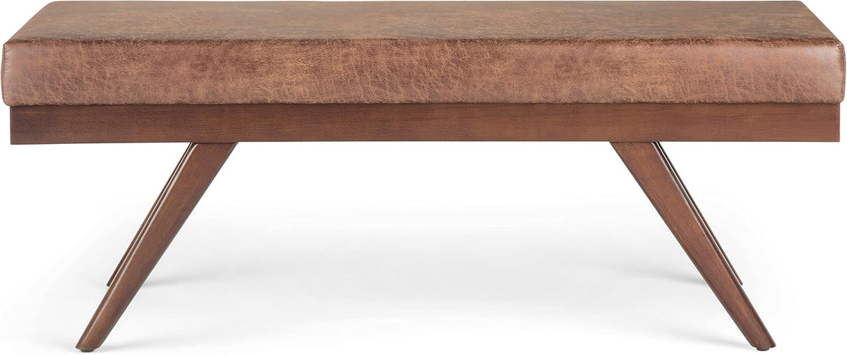 SIMPLIHOME Chanelle Ottoman Bench - 48 inch Wide Upholstered Vegan Leather Rectangle Ottoman in Distressed Umber Brown, Mid Century Modern Bench for Bedroom with Flared Tapered Legs, Assembled
