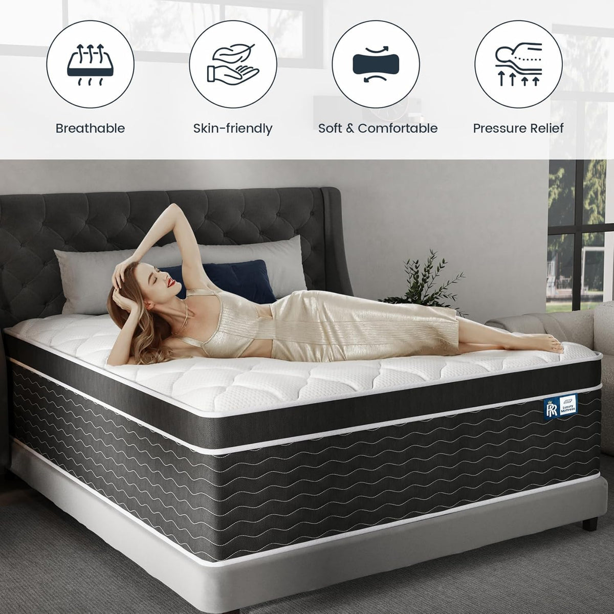 Ruoysun Luxury California King Mattress 12 In, Firm Cal King Mattress in a Box, 7-Zones& Edge Support, Cooling Gel Memory Foam& Pocketed Spring, Pressure Back Pain Relief, Hotel-Level, 100-Night Trial