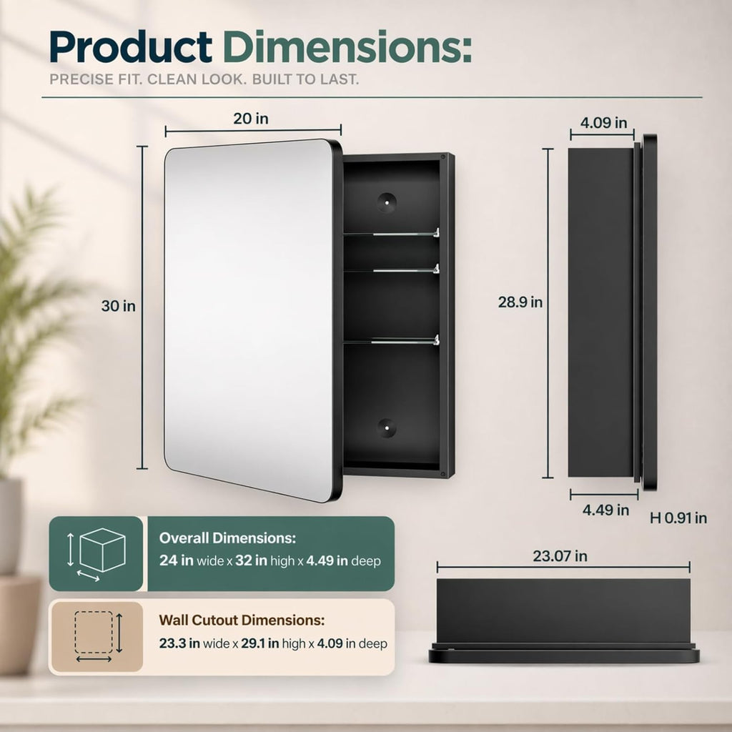 Bathroom Medicine Cabinet with Mirror, 20x30 Inch Recessed or Surface Mount Wall Organizer, Fits Tall Bottles, 6 Adjustable Glass Shelves, Soft Close DTC Hinges, Matte Black, Pre-Assembled