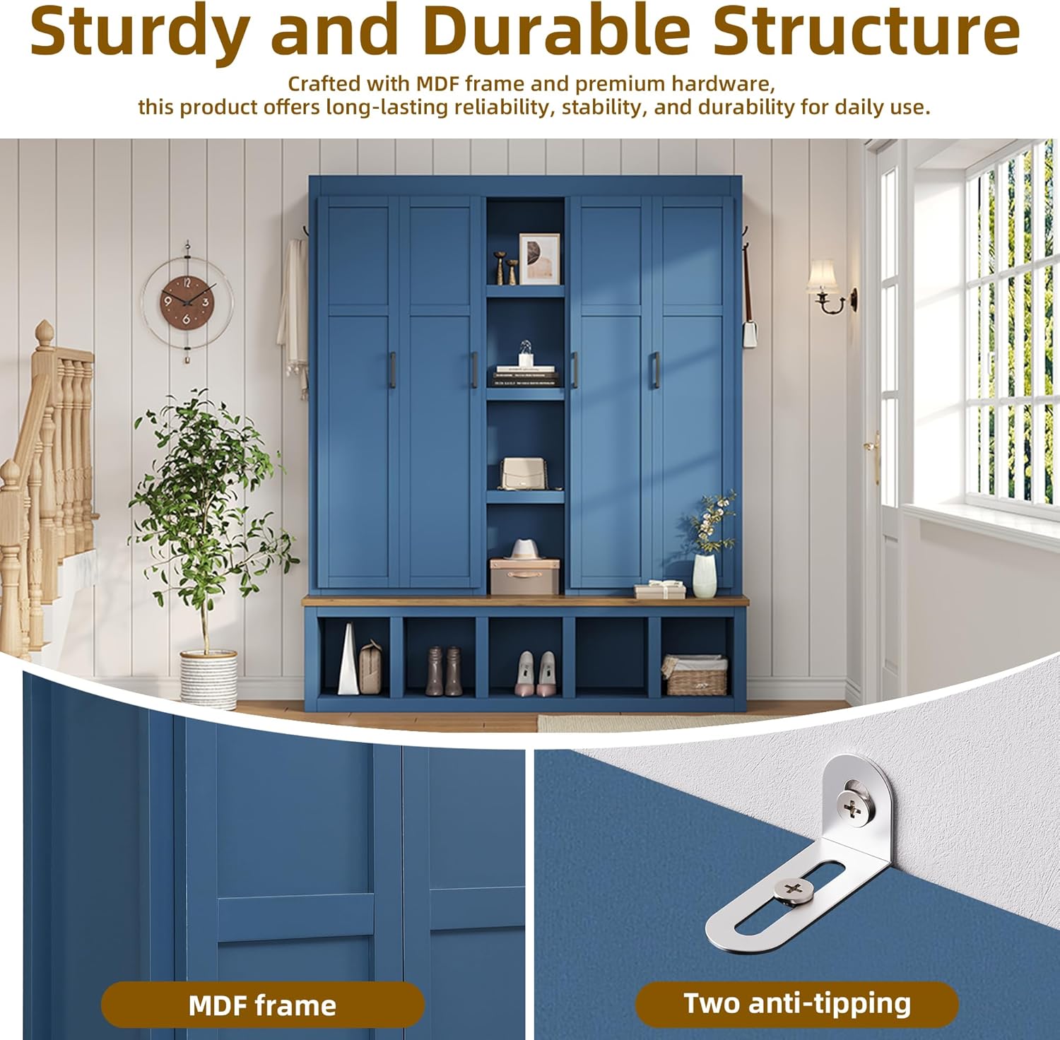 Modern 63'' Wide Hall Tree with 6 Hidden Hanging Hooks, Brown Wood Grain Minimalist Shoe Cabinet with Open Compartments, Entryway Coat Rack for Living Room Hallway (Blue-4.23)