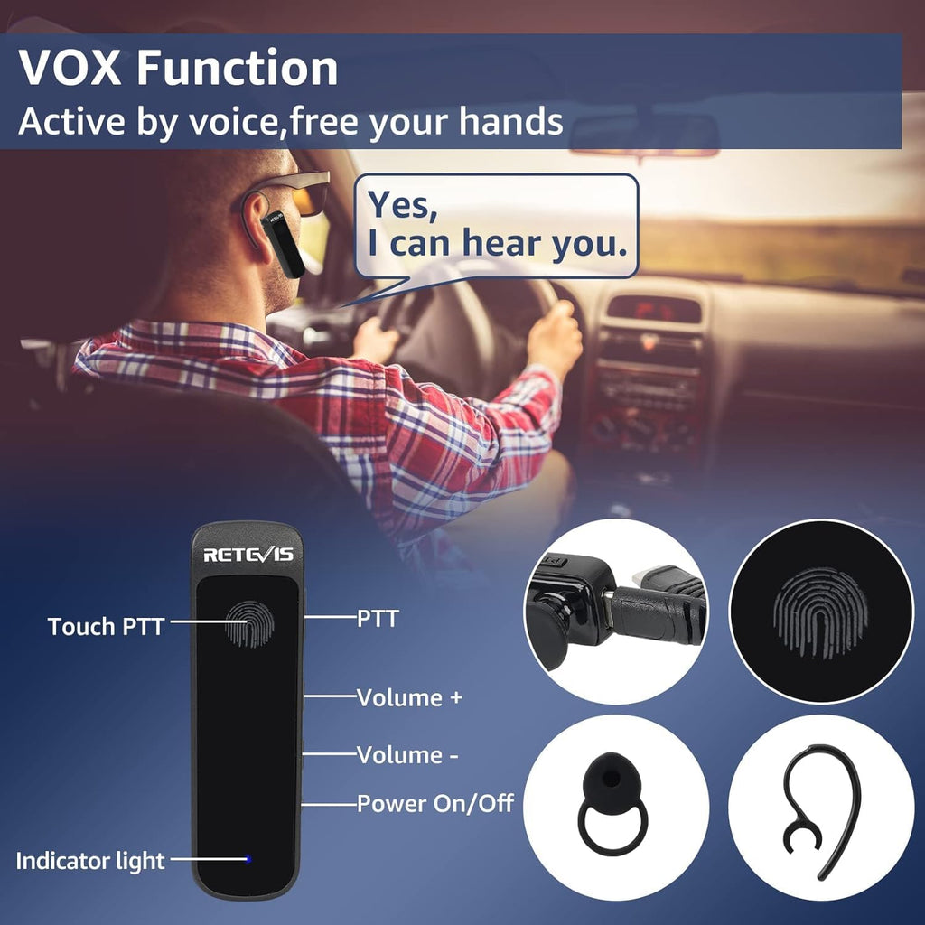 Retevis RB37 Bluetooth Walkie Talkies, Bluetooth Two Way Radio with Wireless Earpiece, Flashlight, 2000 mAh&120h Standby, Type-C, 9-Level VOX&Squelch, for School Hospital Retail Manufacture (4 Pack)