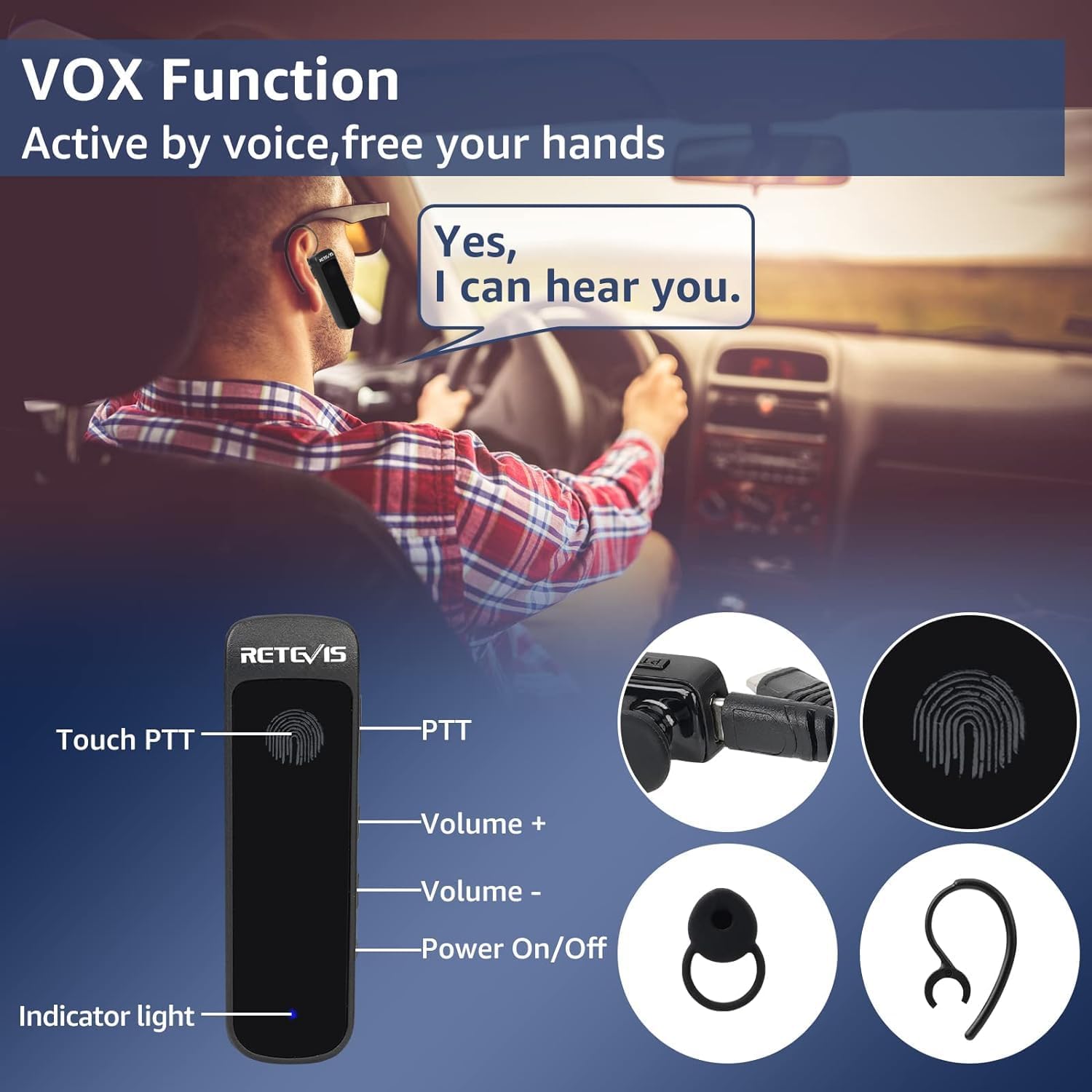Retevis RB37 Bluetooth Walkie Talkies, Bluetooth Two Way Radio with Wireless Earpiece, Flashlight, 2000 mAh&120h Standby, Type-C, 9-Level VOX&Squelch, for School Hospital Retail Manufacture (4 Pack)