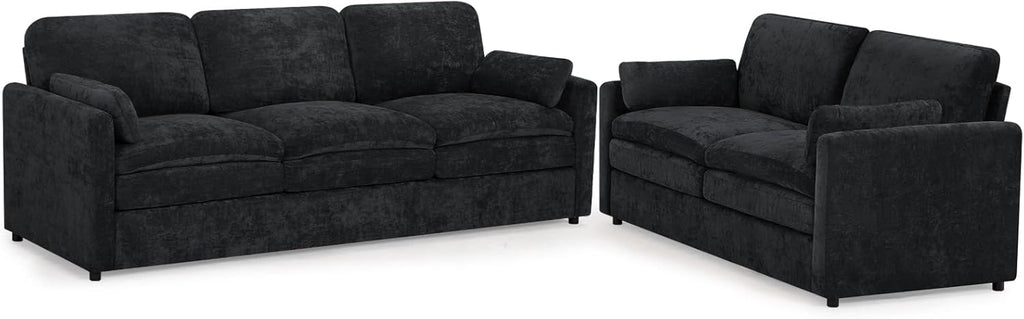 2 Pieces Chenille Sofa Set w/Two Throw Pillows, Upholstered Loveseat & 3 Seater Sofa w/Comfortable Back Cushions, Modern 2-Seat & 3-Seat w/High-Density Foam for Living Room, Apartment, Black