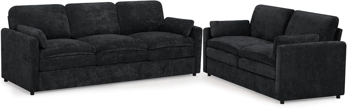 2 Pieces Chenille Sofa Set w/Two Throw Pillows, Upholstered Loveseat & 3 Seater Sofa w/Comfortable Back Cushions, Modern 2-Seat & 3-Seat w/High-Density Foam for Living Room, Apartment, Black