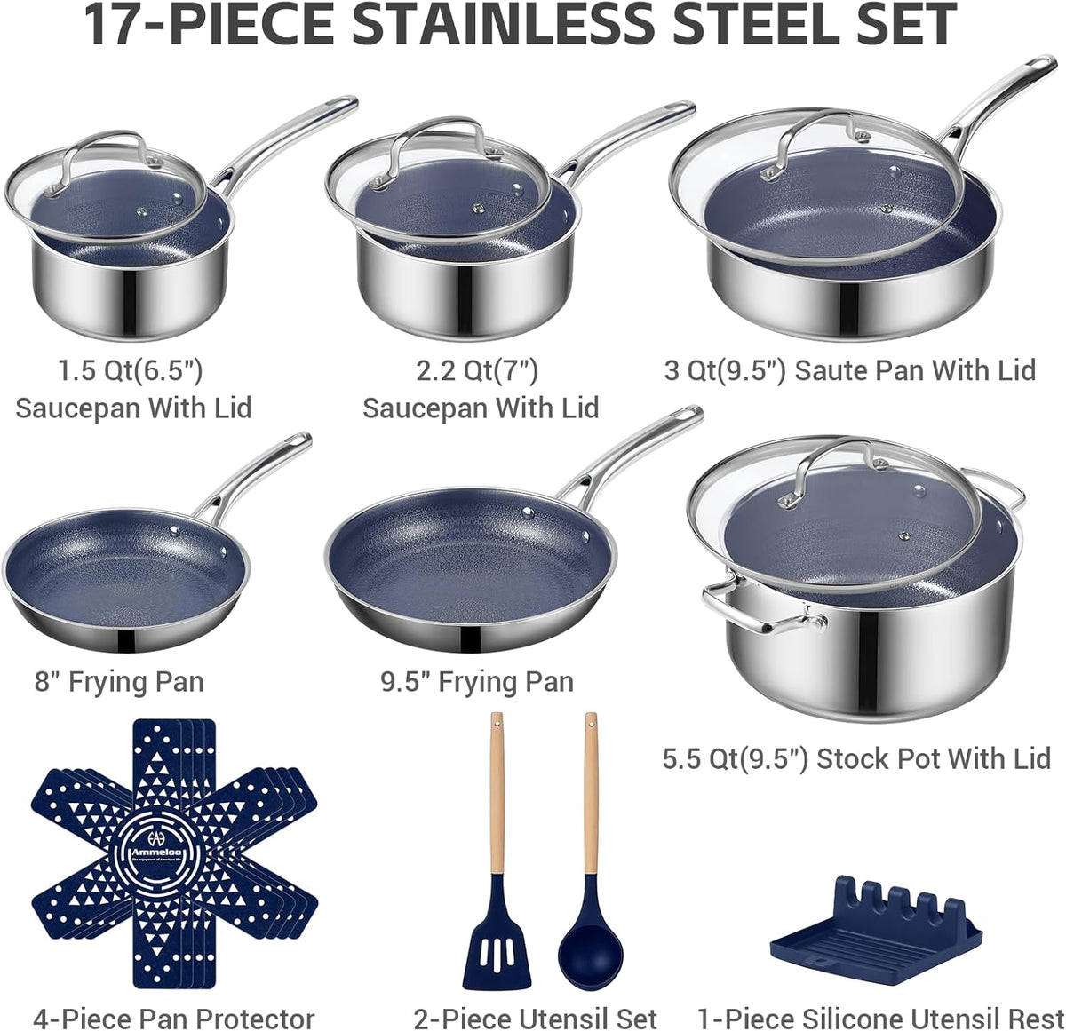 Ammeloo Hybrid Stainless Steel Cookware Set, 17-Piece Tri-Ply Pots and Pans Set Non Stick, Induction Kitchen Cookware Sets, Dishwasher & Oven Safe, PFOA Free, All Cooktops Compatible, Navy Blue