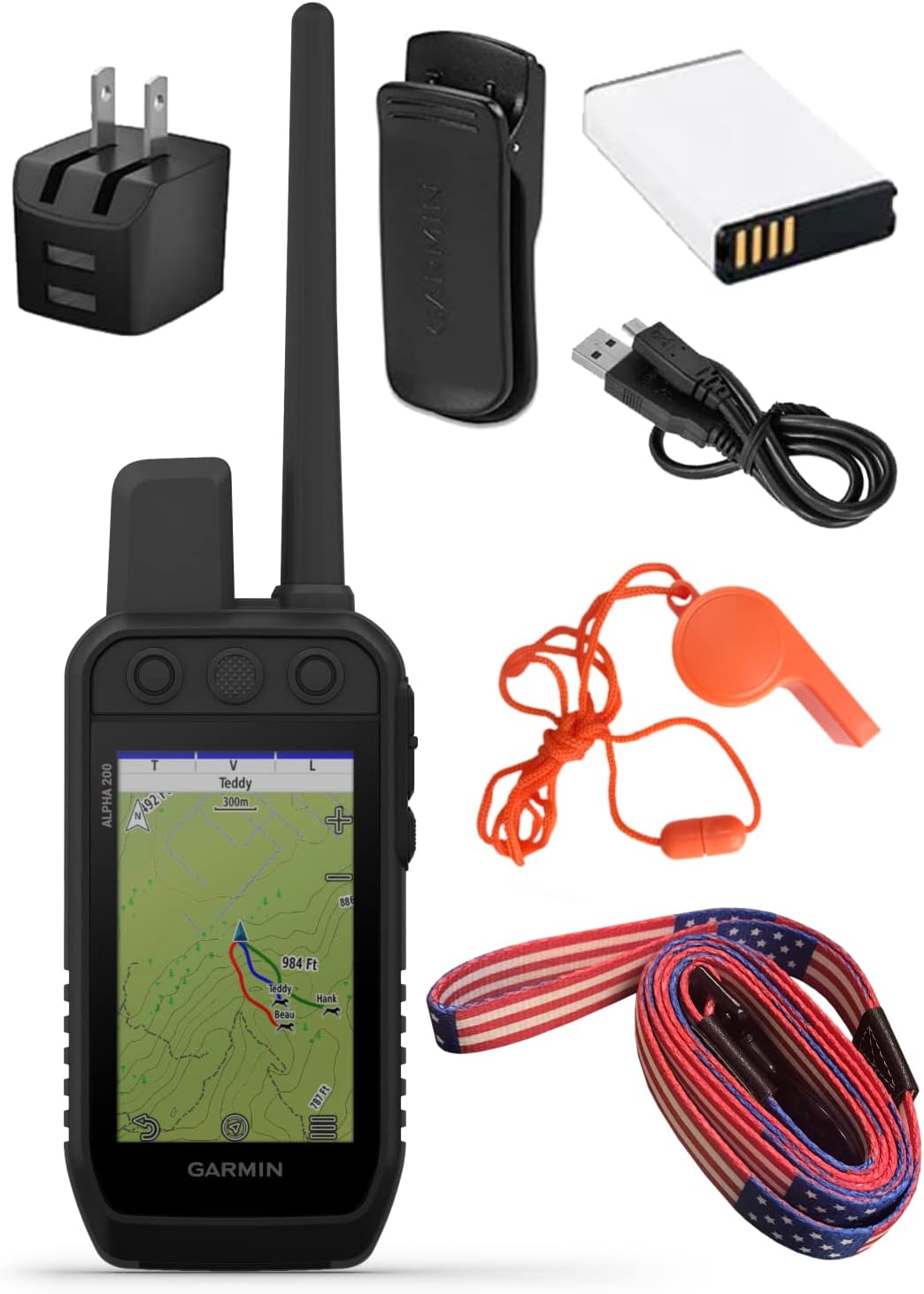 Garmin Alpha 200 Handheld, Tracking and Training for Your Dogs, Sun-Light Readable Touchscreen and 6 Button Design, High-Sensitivity GPS with Whistle and Leash Bundle