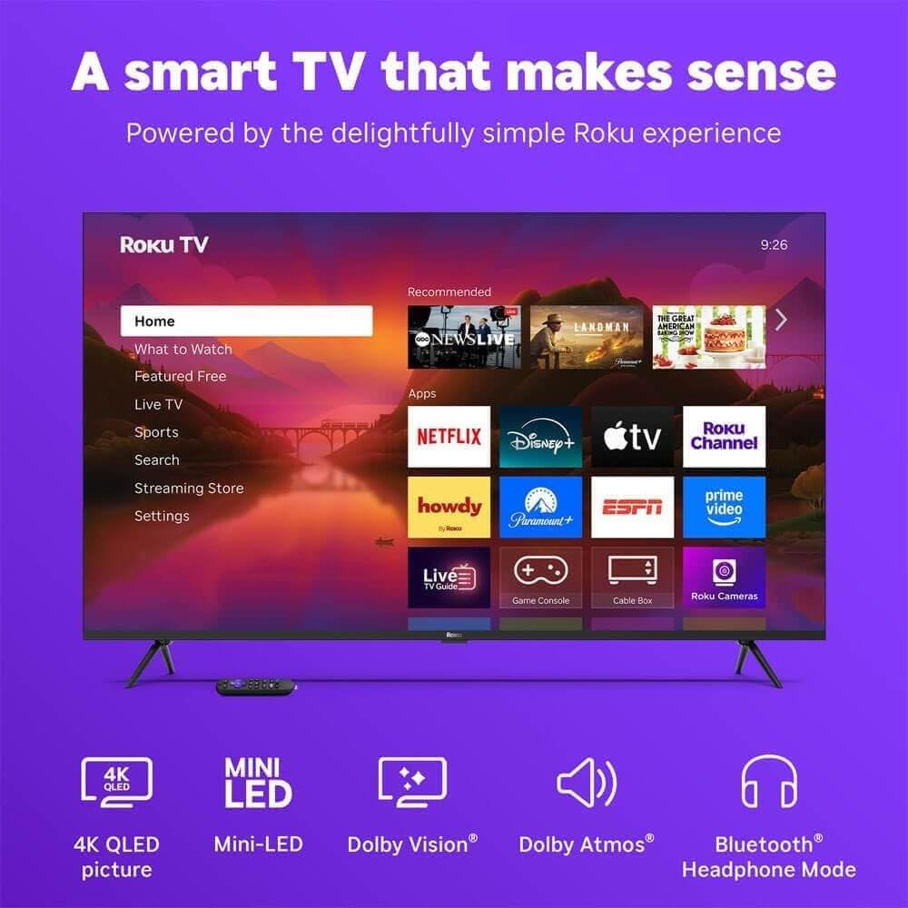 Roku 65R6C7KIT1 65 inch Class Plus Series 4K QLED Mini LED Smart TV Dolby Vision HDR10+ 120Hz WiFi Voice Remote HDMI C