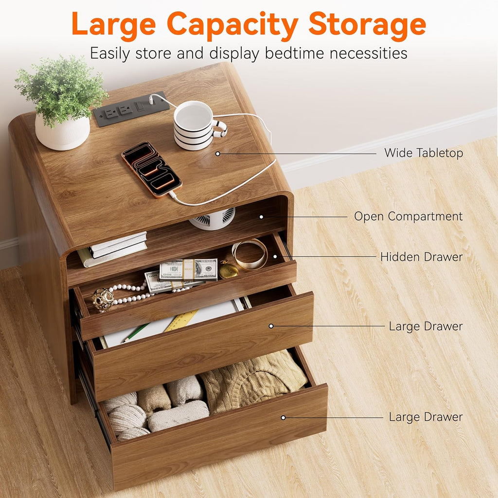 23.8" Modern Nightstand with Hidden Drawers Walnut Night Stand with Charger Station Mid Century Bedside Table Curved Wood Side Table for Bedroom Dorm
