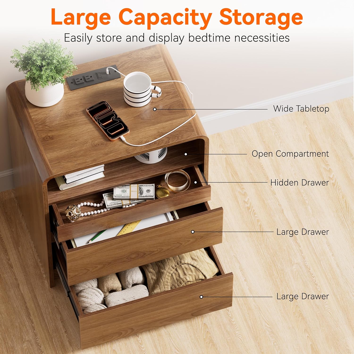 23.8" Modern Nightstand with Hidden Drawers Walnut Night Stand with Charger Station Mid Century Bedside Table Curved Wood Side Table for Bedroom Dorm