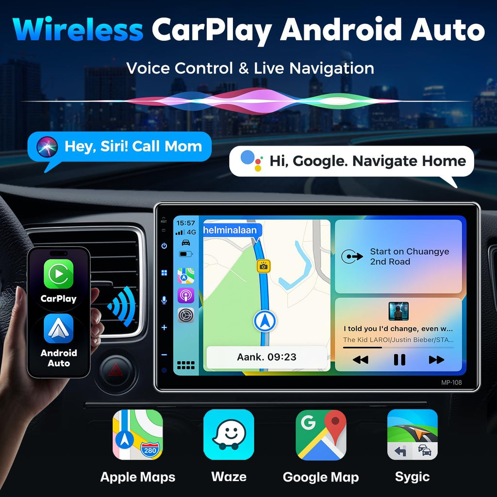 PLZ 10.1" Wireless Single Din Car Radio Stereo with Apple Carplay Android Auto Touch Screen, Car Play Audio Receivers Headunit, Bluetooth 5.3, Backup Camera, 240W, 2 Subwoofers, Navigation, FM/AM, SWC