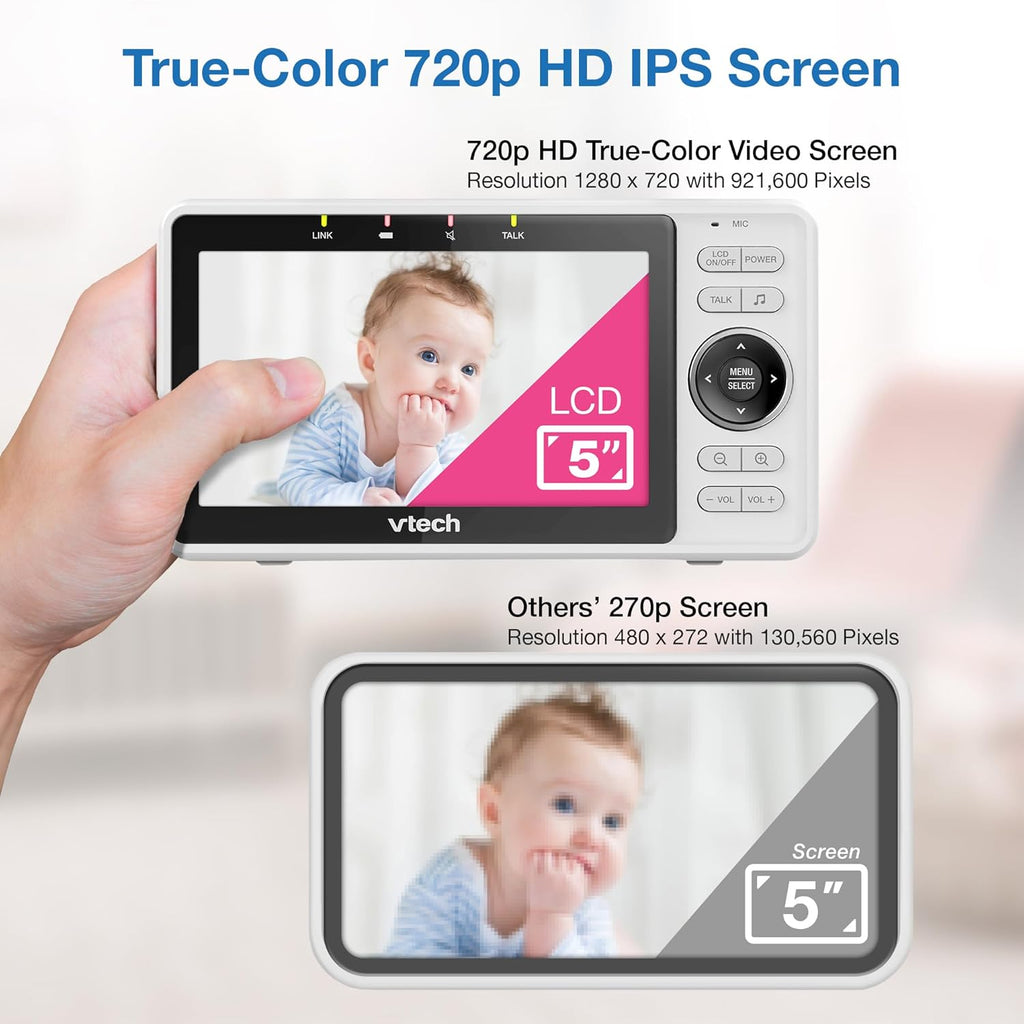 VTech WiFi Baby Monitor with Camera and Audio, 1080p Camera & 5" HD Screen – Remote Pan-Tilt-Zoom, Night Vision, Two-Way Talk, Motion Alerts, Free App | VM901