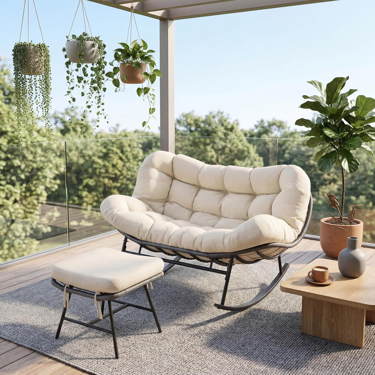 Patio Rocking Chair Set with Ottoman ,Indoor Outdoor Padded Rocking Chair for 2 Person,Oversized Papasan Chairs,Double Wicker Egg Rockers, Lounge Chair for Patio, Living Room, Bedroom, or Porch,Beige