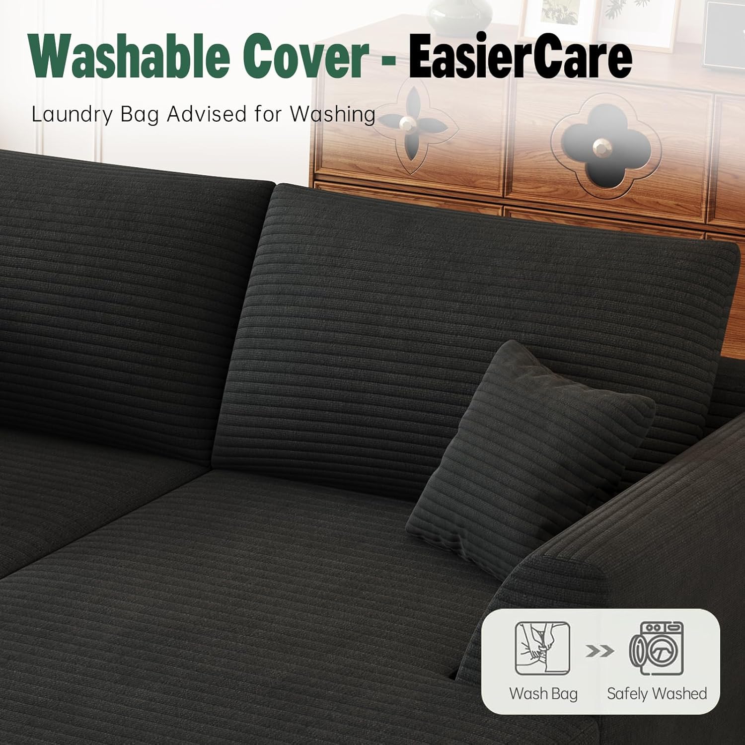 106" Modular Sectional Sofa with Reversible Chaise, Black Corduroy L-Shaped Cloud Couch for Living Room Apartment, 3-Piece Set, No Assembly Required, High-Density Supportive Foam