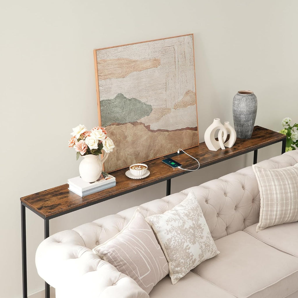 MAHANCRIS 78.7" Console Table with Power Outlet, 11.8" Wide Narrow Sofa Table, Industrial Entryway Table with USB Ports, Behind Couch for Entryway, Hallway, Foyer, Living Room, Rustic Brown CTHR320E01