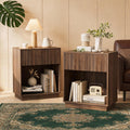 Fluted Nightstands Set of 2, Modern Bedside Table with Storage Drawer and Open Wood Shelf, Wood End Table Mid Century Night Stands for Bedroom Living Room Sofa Couch Office Walnut Brown