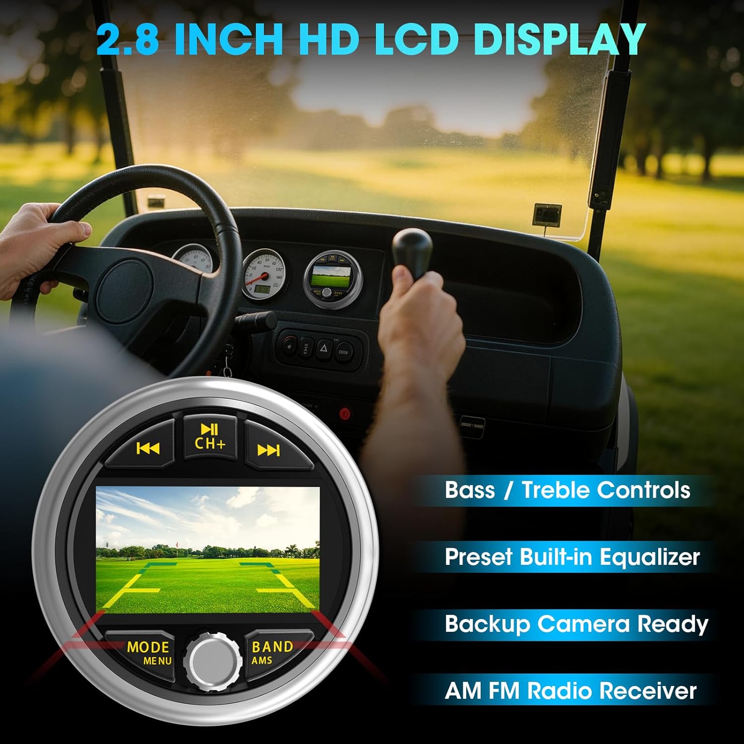 Bluetooth Marine Gauge Stereo System: Waterproof Boat Radio Receiver - 2.8 Inch LCD Display Digital Multimedia MP5 Player AM FM USB AUX Subwoofer 200 Watts Output