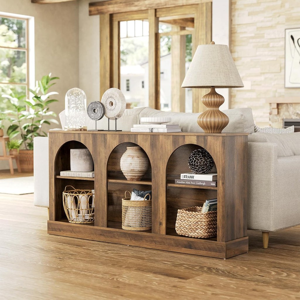 LITTLE TREE 63" Modern Console Sofa Table with 3-Tier Storage, Wooden Rectangular Foyer Table, for Entrance, Hallway, Living Room, Rustic Brown