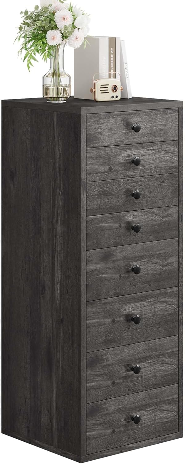 LIKIMIO Tall Dresser, Small Dressers with 8 Storage Drawers, Chest of Drawers for Organizing, Tall Narrow Dresser for Bedroom, Charcoal Grey