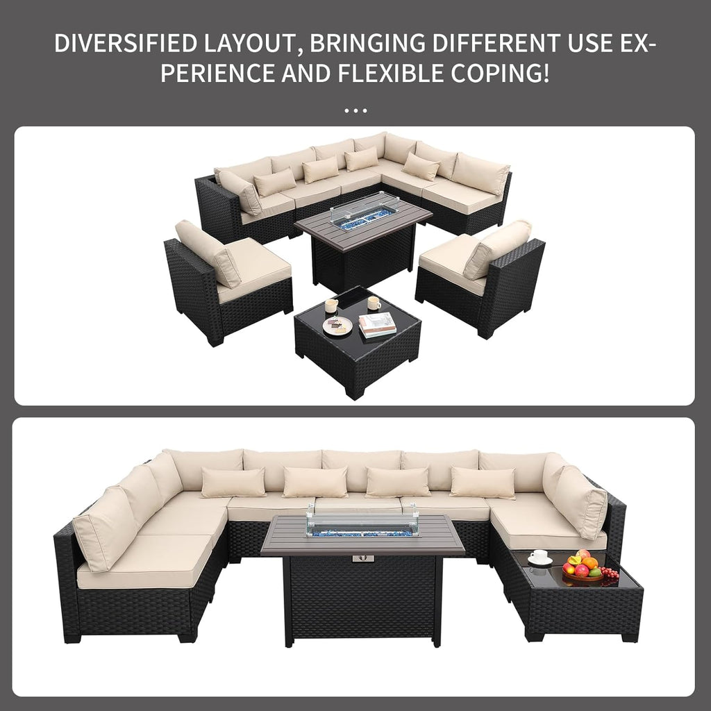 Rattaner 10 Pieces Outdoor Sectional All-Weather Wicker Patio Furniture Set Patio Sectional and Steel Fire Table and Glass Patio Table Non-Slip Cushions and Waterproof Covers, Khaki