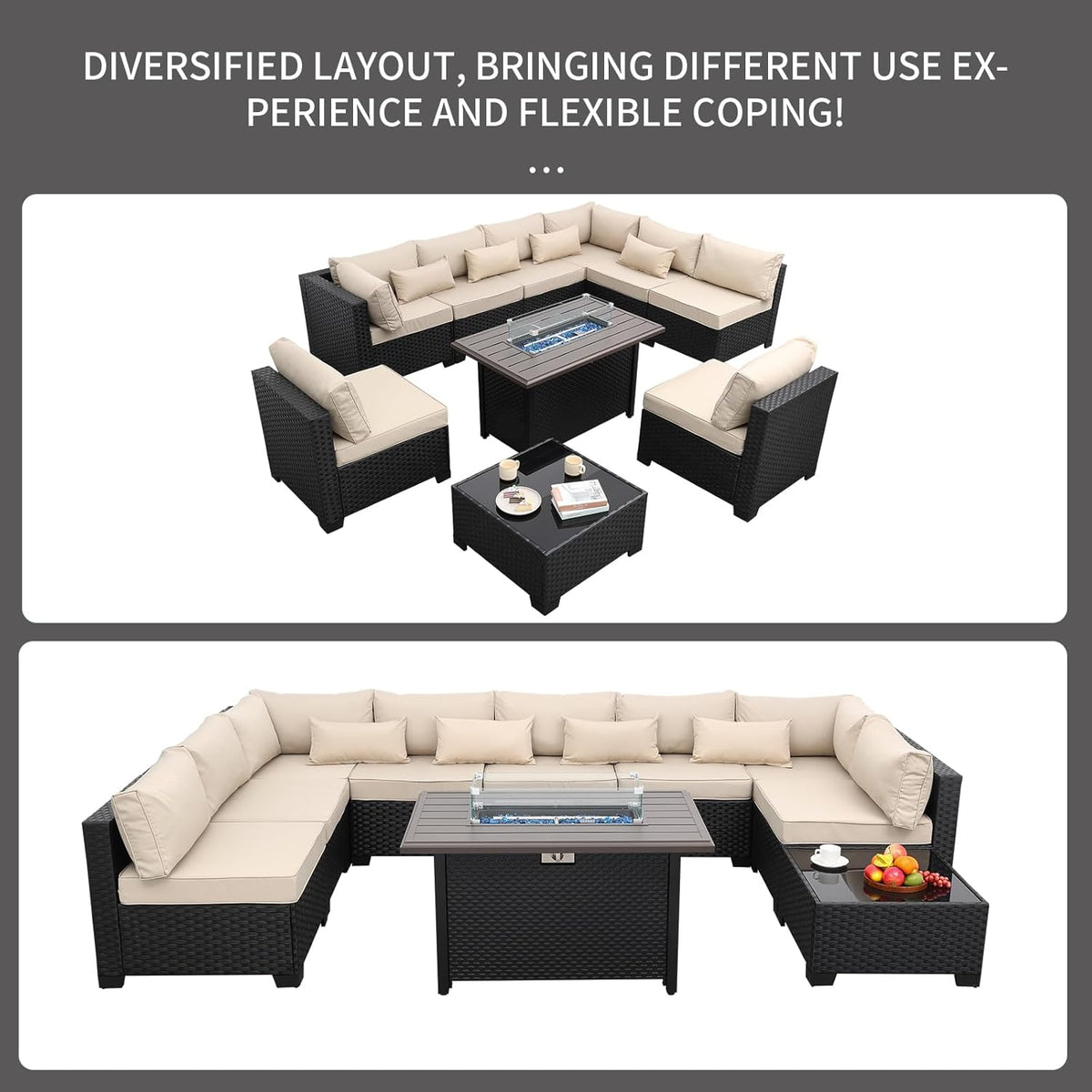 Rattaner 10 Pieces Outdoor Sectional All-Weather Wicker Patio Furniture Set Patio Sectional and Steel Fire Table and Glass Patio Table Non-Slip Cushions and Waterproof Covers, Khaki