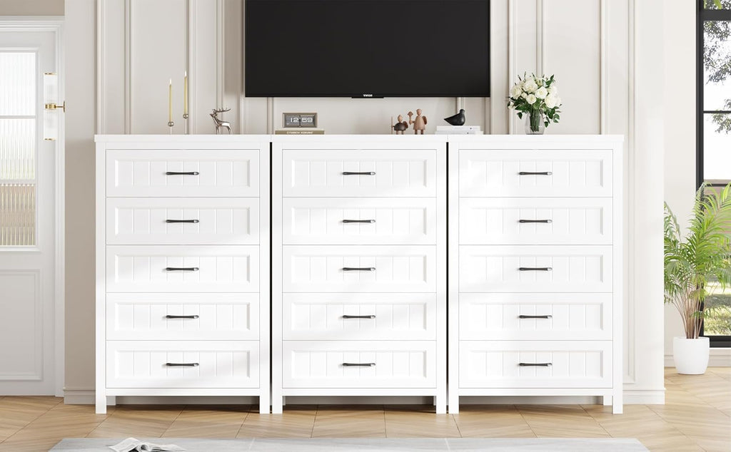 Jocoevol 5 Drawer Dresser for Bedroom - Farmhouse 44.9" Tall Chest of Dresser with Large Storage, Rubst Wood Construction for Living Room, Hallway & Entryway - White