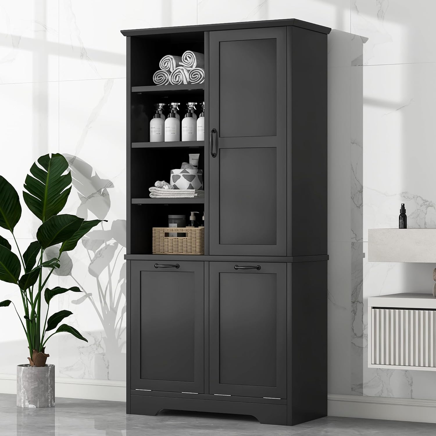 SOFTSEA 68" Double Tilt Out Laundry Hamper, Tall Hidden Laundry Basket Cabinet with Adjustable Shelf, Freestanding Bathroom Storage Cabinet with Doors and Open Shelves, Black