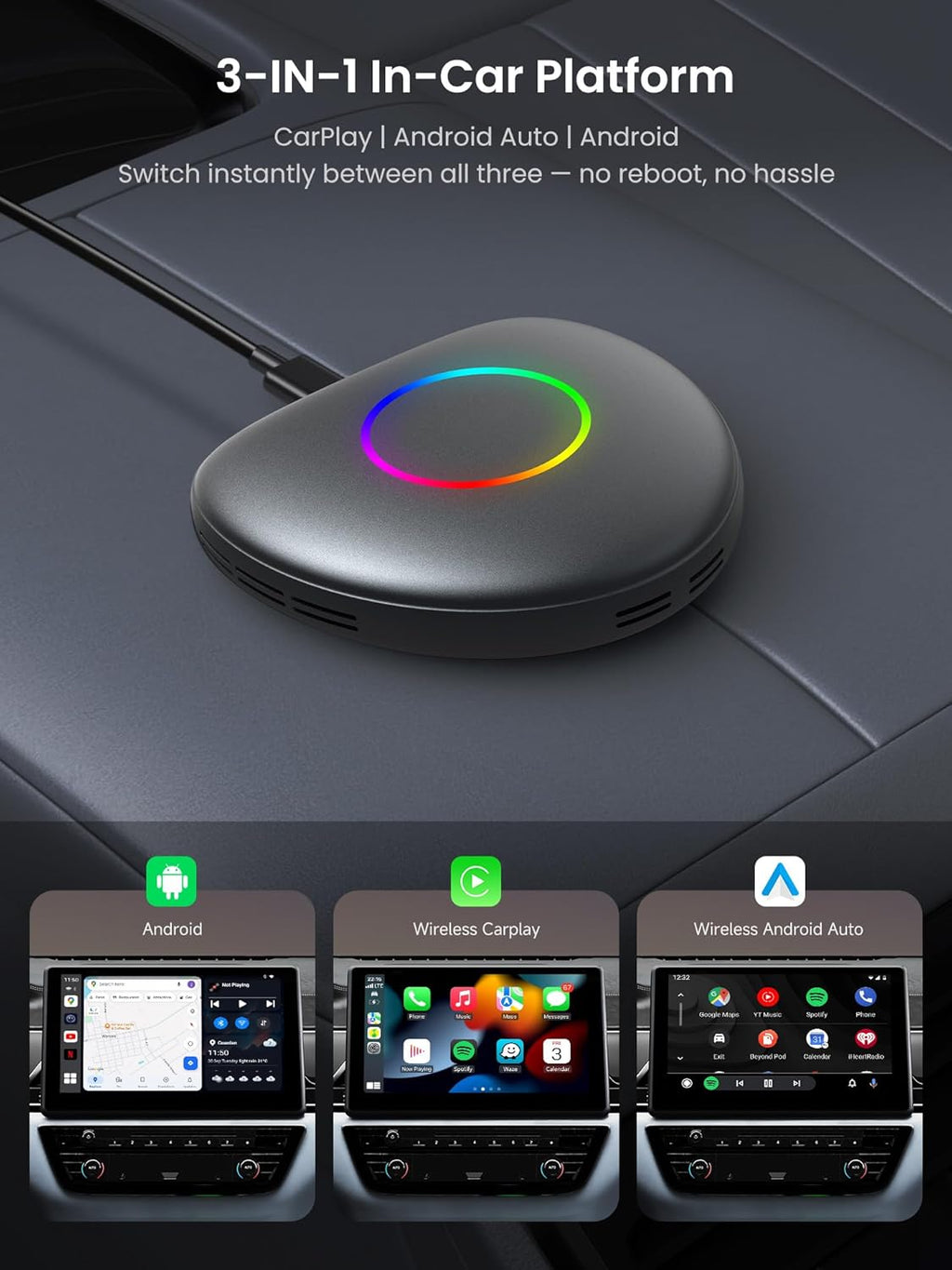 Magic Box - Wireless Carplay/Android Auto/Android AI Box 8GB+128GB, Car Video Box for YouTube, Spotify, Prime Video with Built-in 4G/ WiFi/Dual Bluetooth, OTA, GPS, microSD, OBD II, CB6D