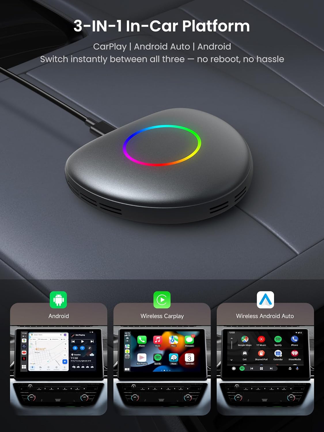 Magic Box - Wireless Carplay/Android Auto/Android AI Box 8GB+128GB, Car Video Box for YouTube, Spotify, Prime Video with Built-in 4G/ WiFi/Dual Bluetooth, OTA, GPS, microSD, OBD II, CB6D