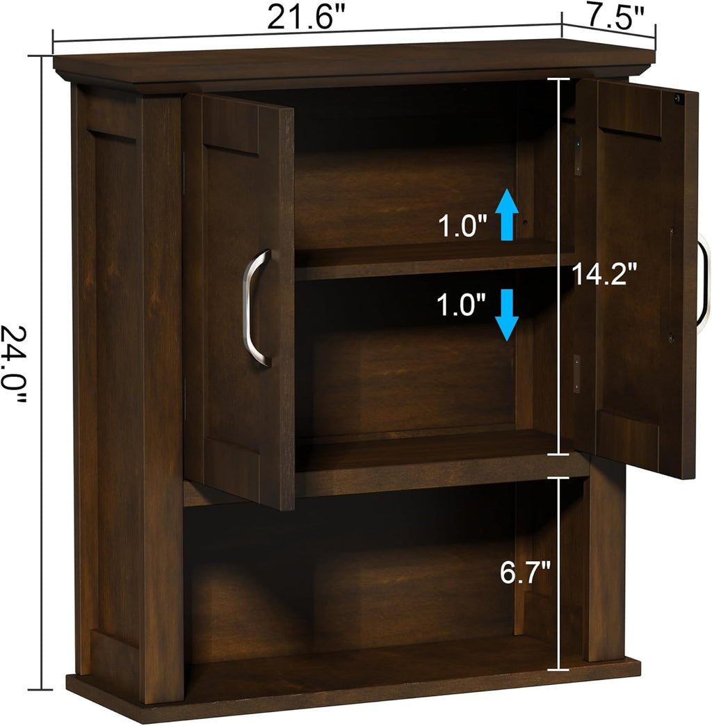 ChooChoo Wood Wall Cabinet with Doors, Medicine Cabinet with Adjustable Shelves Over The Toilet, Rustic Cabinet Wall Mounted for Bathroom, Kitchen, Living Room, Walnut