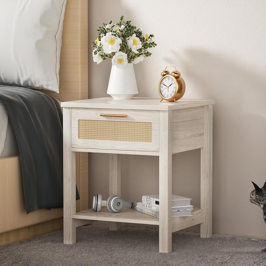 Set of 2 Nightstands, Modern End Table with Drawer and Storage Shelf, Rattan Night Stand for Bedroom Small Spaces, White Cream