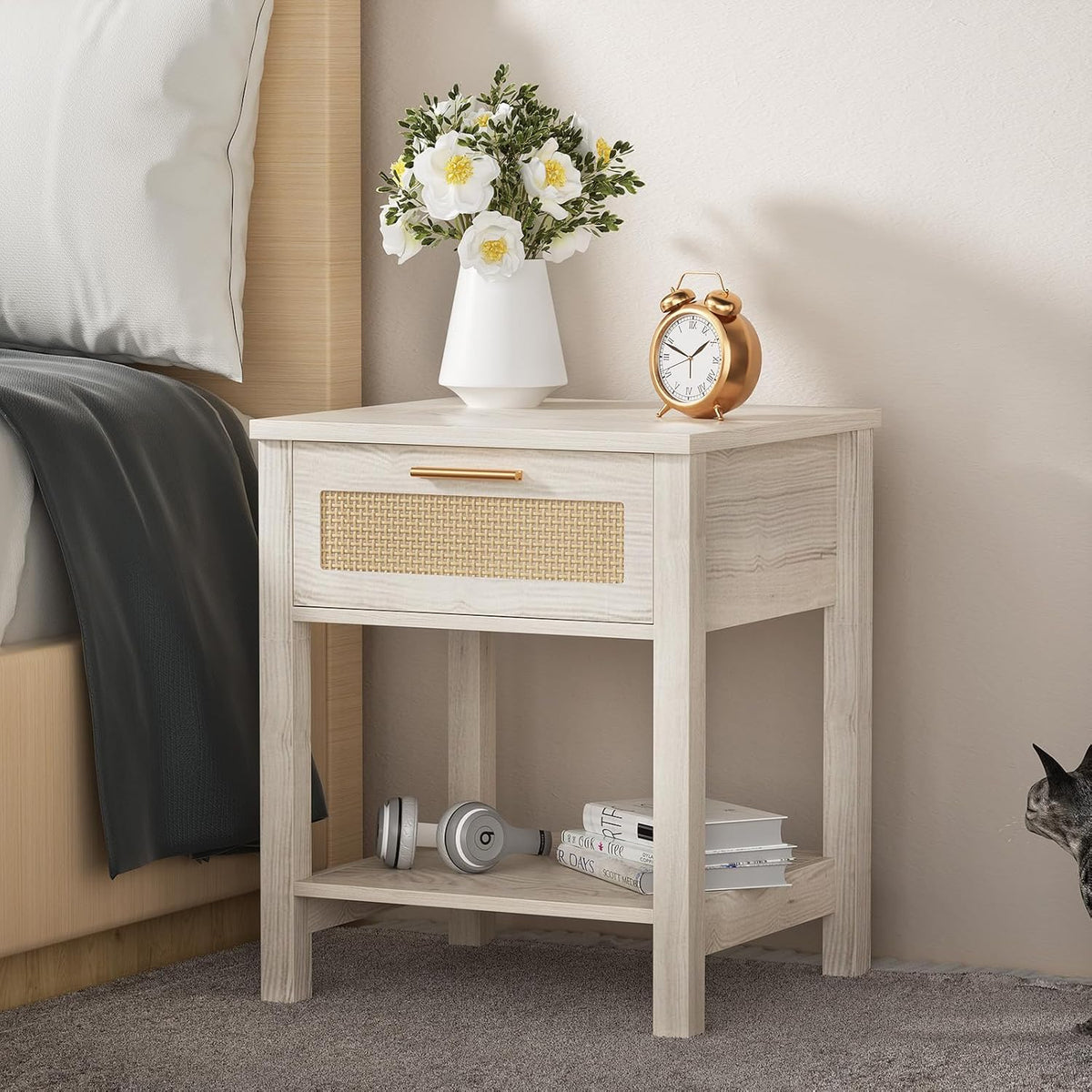Set of 2 Nightstands, Modern End Table with Drawer and Storage Shelf, Rattan Night Stand for Bedroom Small Spaces, White Cream