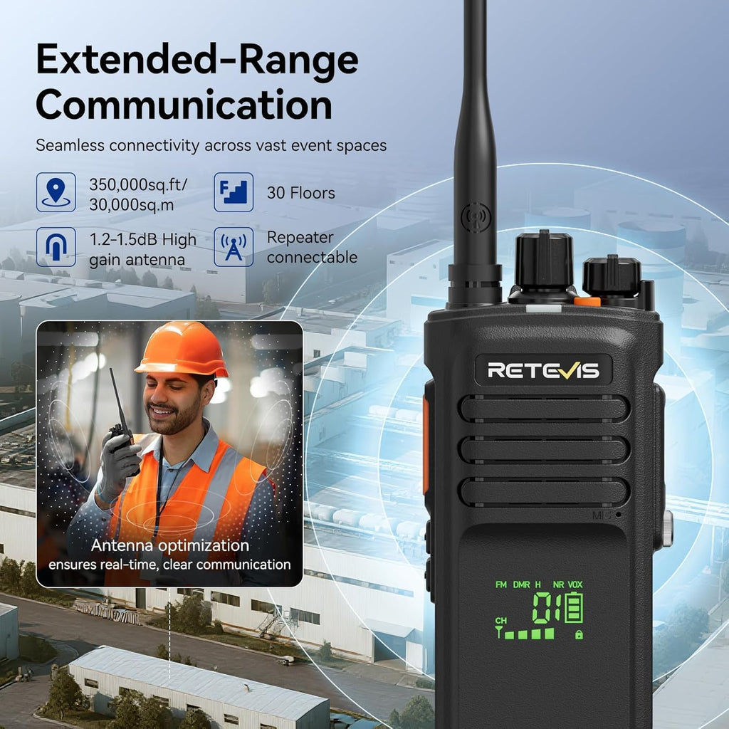 Retevis NR40 DMR 2 Way Radio with Earpiece,High Power Digital Walkie Talkies,Noise Cancelling,Digital/Analog,Quadruple Alarm,IP67 Waterproof,Professional Two Way Radios for Warehouse Industry(2 Pack)