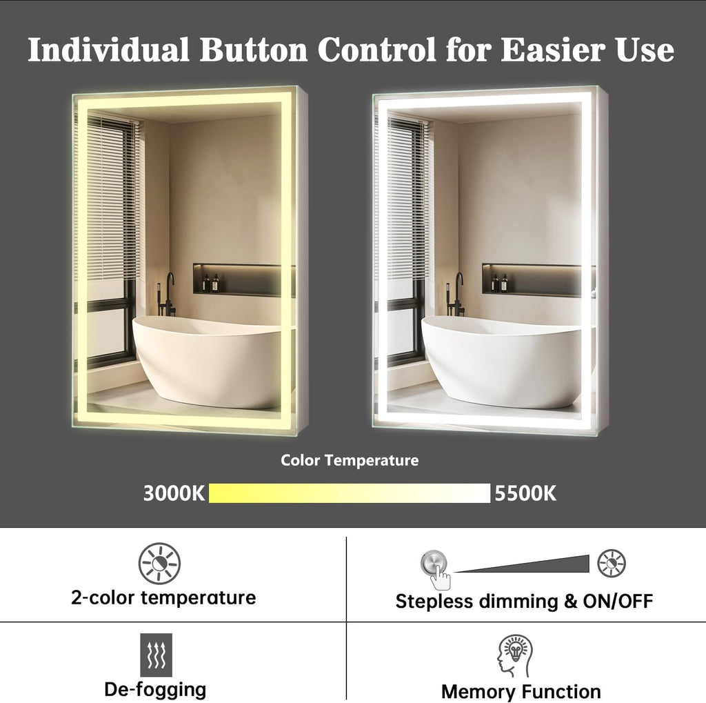 28 x20Inch LED Medicine Cabinet Mirror with Lights for Bathroom,Defogger,Stepless Dimmable, 3000K/5500K Color Temperature Wall Mounted Makeup Mirror,Adjustable Shelf (Assembly Required)