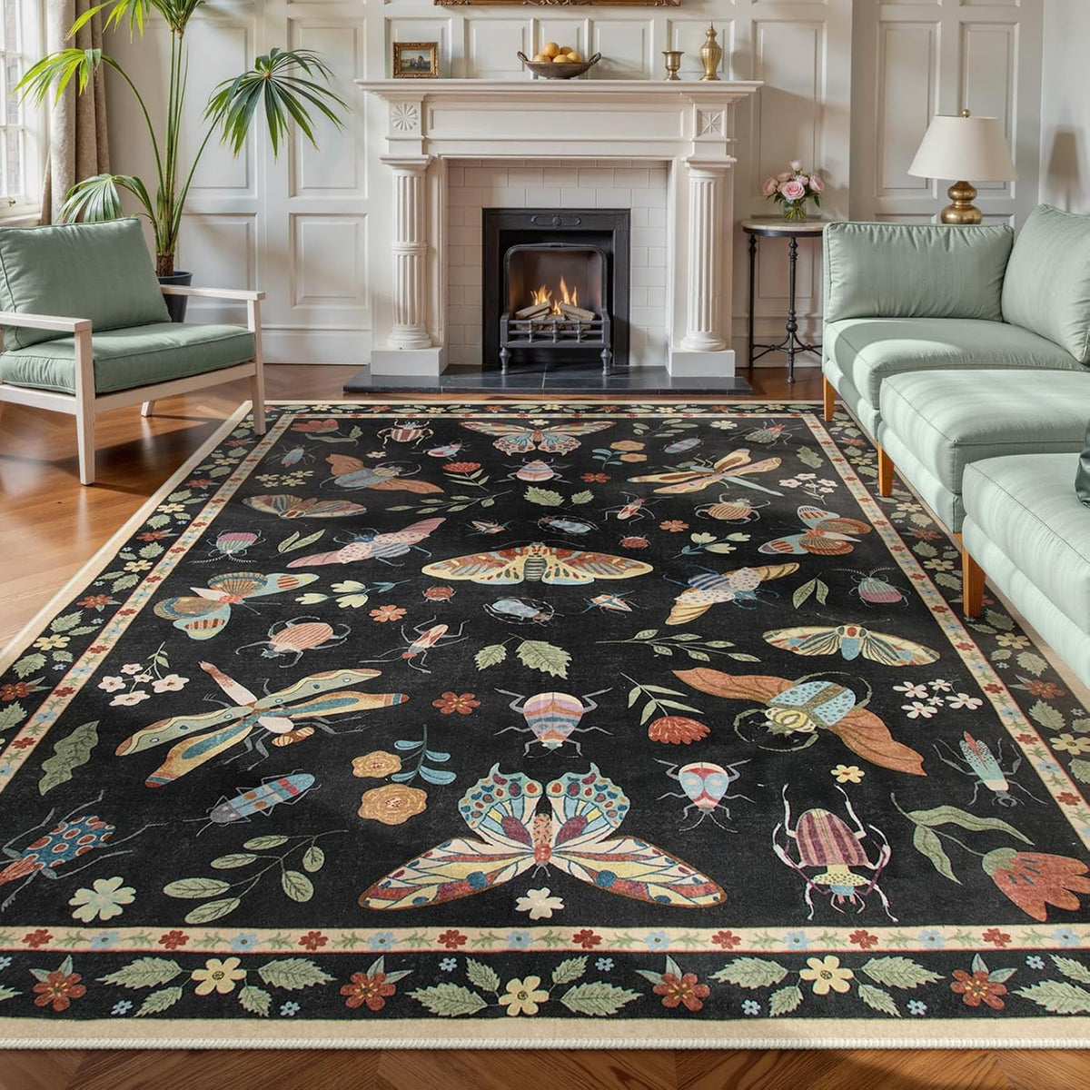 Lahome Insect Area Rugs 8x10, Non Slip Washable Rugs for Living Room 8x10 Rug, Soft Modern Bedroom Rug Under Bed Ultra-Thin Large Carpet for Dining Room Office Playroom Vionnet, Black