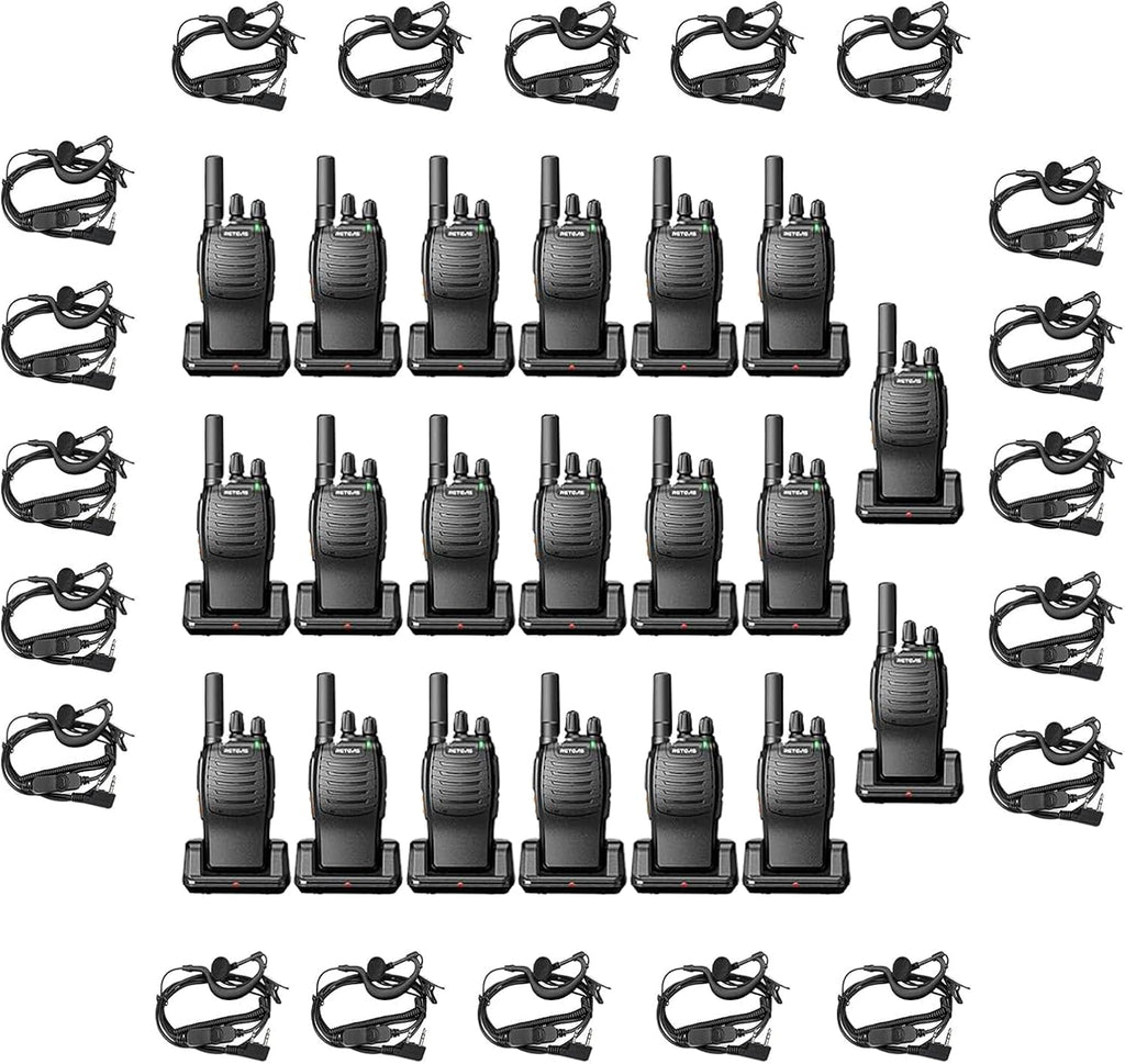 Retevis H-777 2 Way Radios(20 Pack) with Volume Adjustable Walkie Talkie Earpiece(20 Pack), Rechargeable Two Way Radios, Hand Free Adults Walkie Talkies with Charging Base
