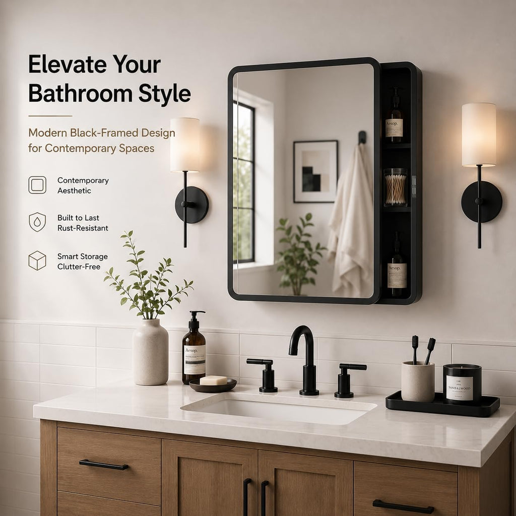 Medicine Cabinet with Mirror, 16x22 inch Black Recessed Medicine Cabinet or Surface Wall Mount Bathroom Cabinets with Adjustable Shelves Metal Framed Mirror, Rounded Rectangle Storage Cabinet