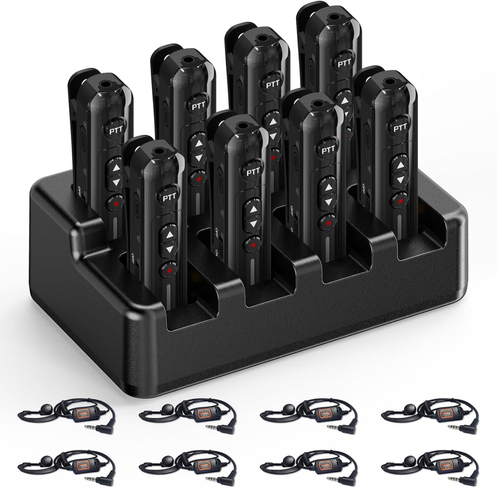 Super Mini Walkie Talkies Pro Two Way Radio with Earpieces, 8 Way Multi Unit Charger, Rechargeable Portable Communication Set for Restaurants, Hotels, Supermarkets, Team Events, Baseball, 8 Pack