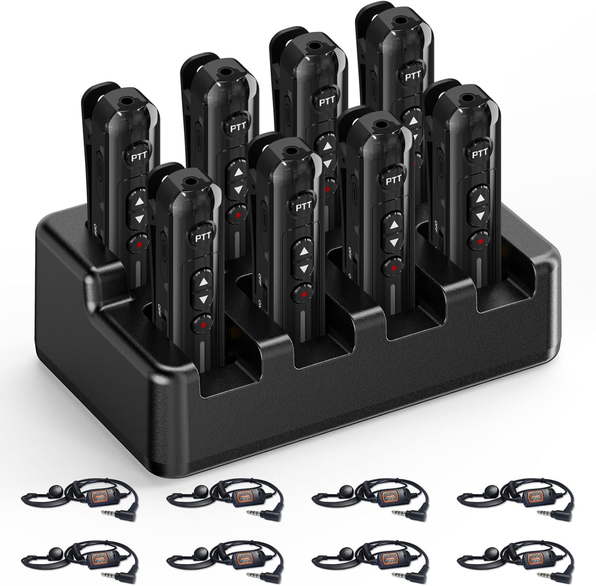 Super Mini Walkie Talkies Pro Two Way Radio with Earpieces, 8 Way Multi Unit Charger, Rechargeable Portable Communication Set for Restaurants, Hotels, Supermarkets, Team Events, Baseball, 8 Pack