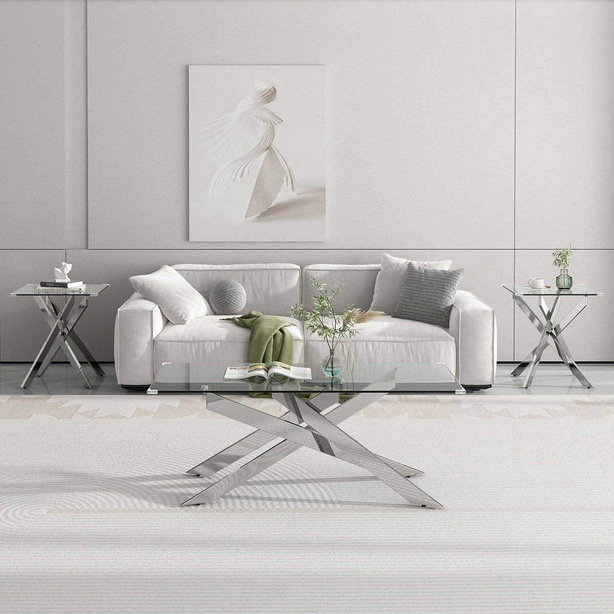 3 Pieces Living Room Table Set, 47" Glass Coffee Table and 2 End Table, Glass Coffee Table Set with Tempered Glass Tabletop and Metal Legs, for Living Room, Leisure, Apartment